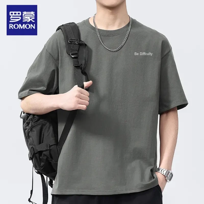 【纯棉】罗蒙夏季男士简约时尚短袖纯色圆领棉T恤中青休闲上衣ins恤