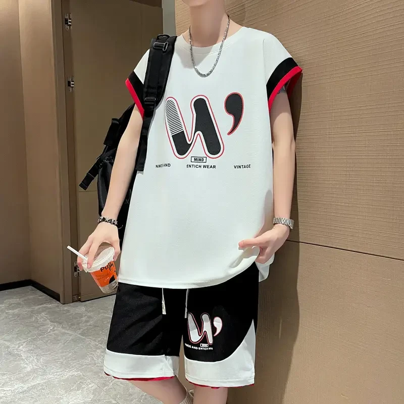 夏季新款男士穿搭无袖运动休闲套装港风时尚宽松帅气学生两件套潮