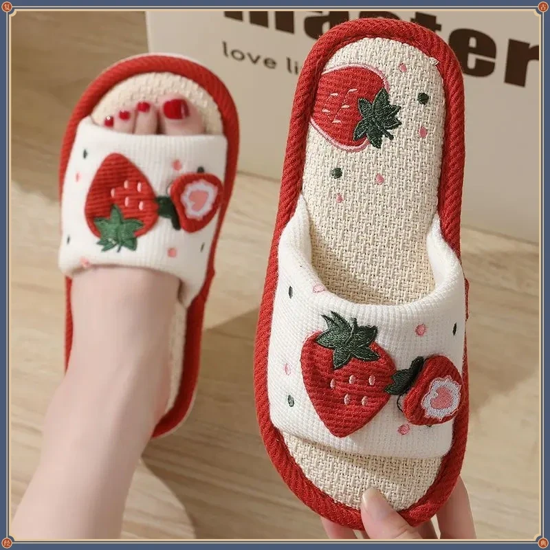 甜美草莓亚麻拖鞋女四季居家少女软底静音通用防滑棉麻鞋夏天D440
