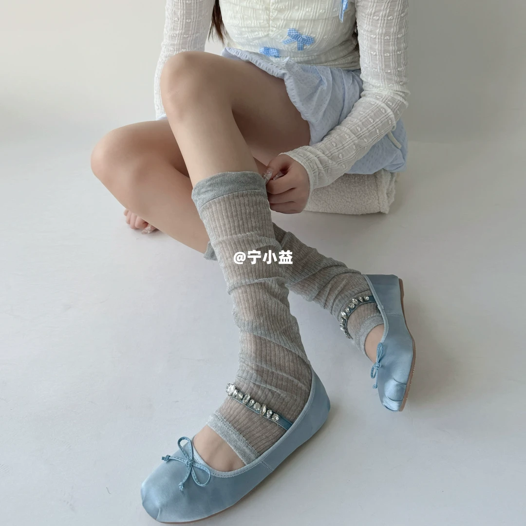 宁小益竖条超薄袜套50cm灰色袜子女夏季薄叠穿腿套 y2k中筒堆堆袜