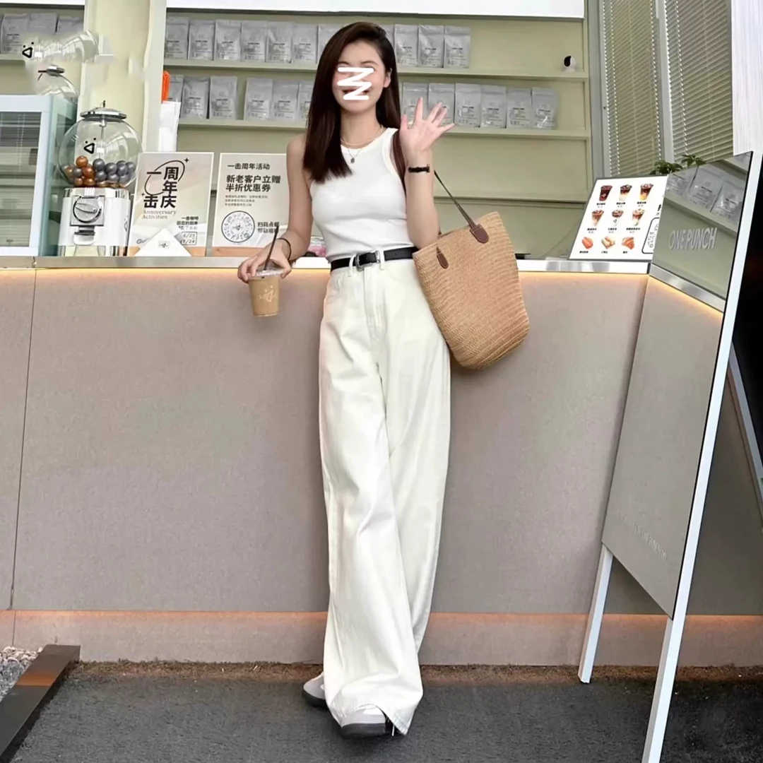 雪千羽美式白色高腰阔腿牛仔裤女2025春秋新款宽松垂感拖地直筒裤