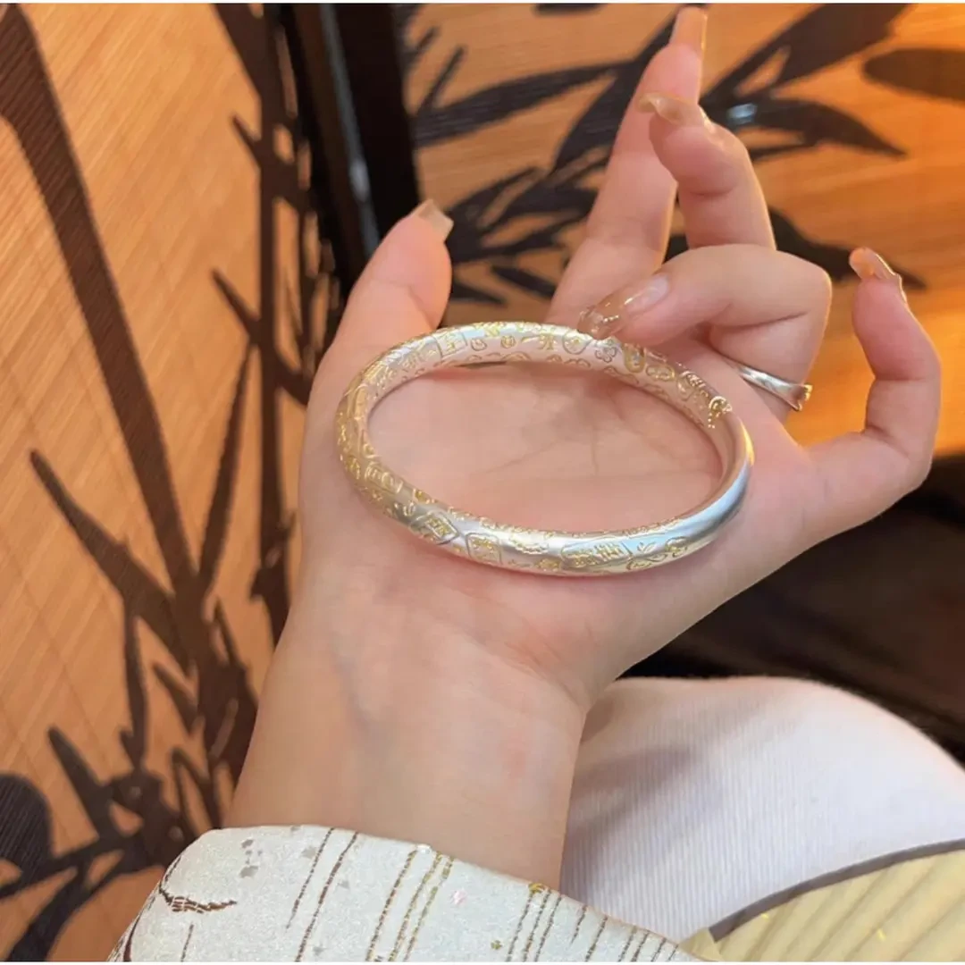 足银手镯999纯银手镯女款古法吉言描金磨砂闭口银手镯情人节礼物