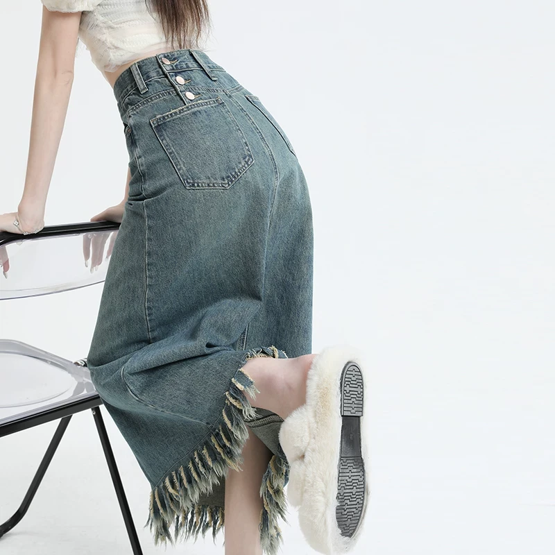 复古流苏开叉牛仔中长裙女2025年夏季新款高腰显瘦遮跨a字半身裙