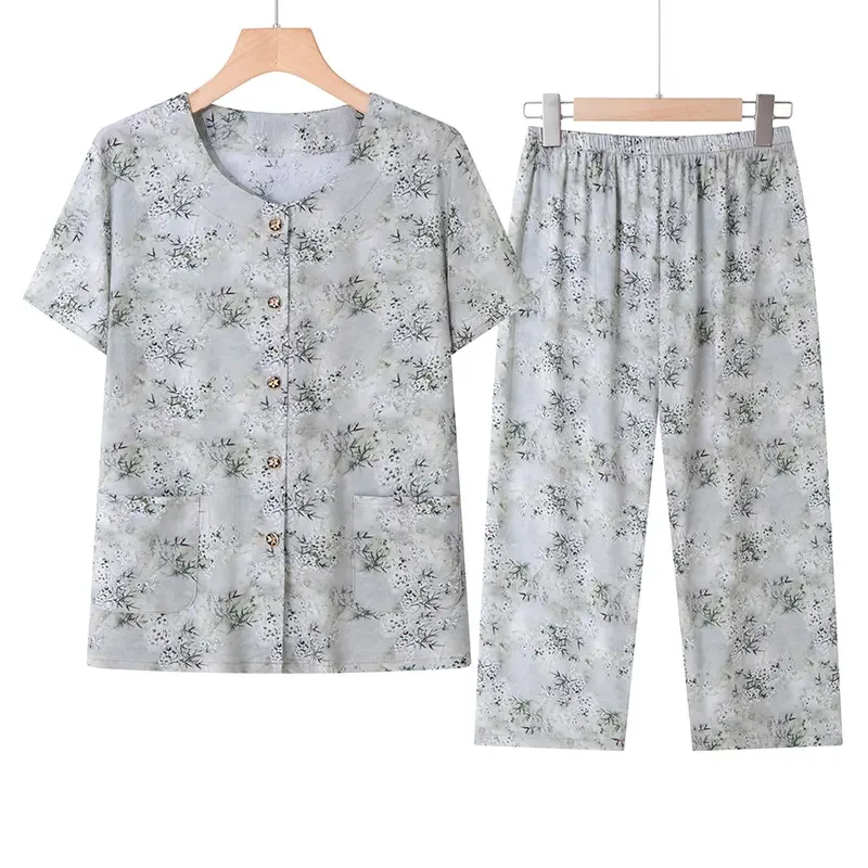奶奶夏装棉绸短袖套装中老年人女妈妈开衫人造棉老太太睡衣两件套