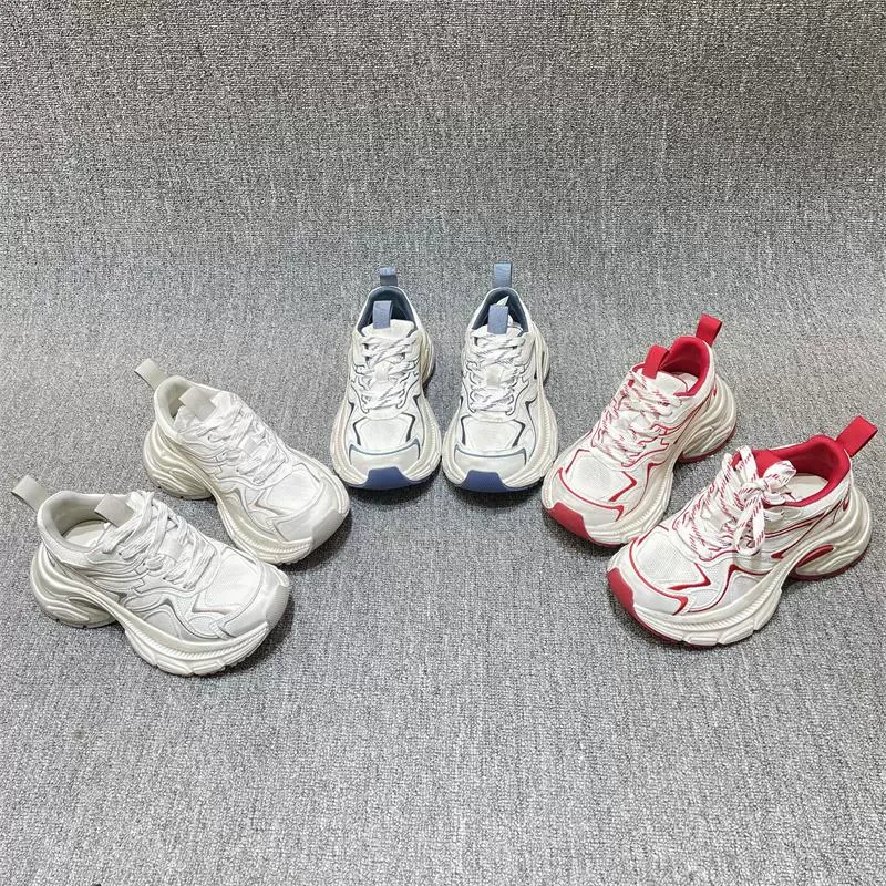 欧洲站2025春款休闲厚底真皮女鞋时尚网面牛皮拼色低帮老爹运动鞋