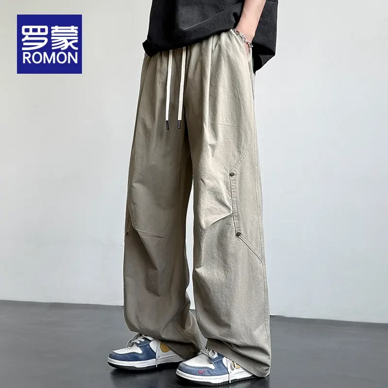 罗蒙阔腿休闲裤男士夏季薄款男新款美式潮流工装宽松直筒裤子男款