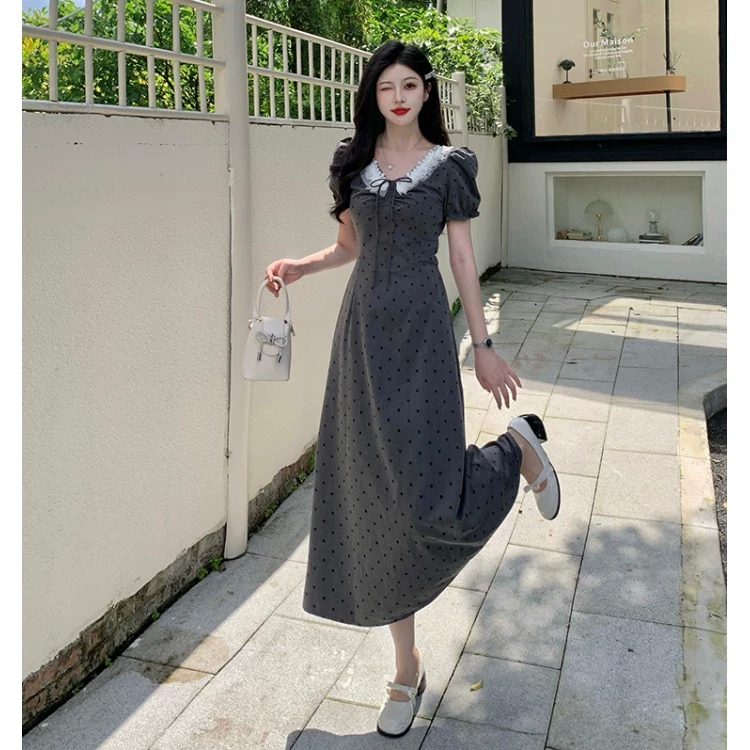 大码女装夏季新款胖mm法式抽绳设计感收腰裙子气质遮肉显瘦连衣裙