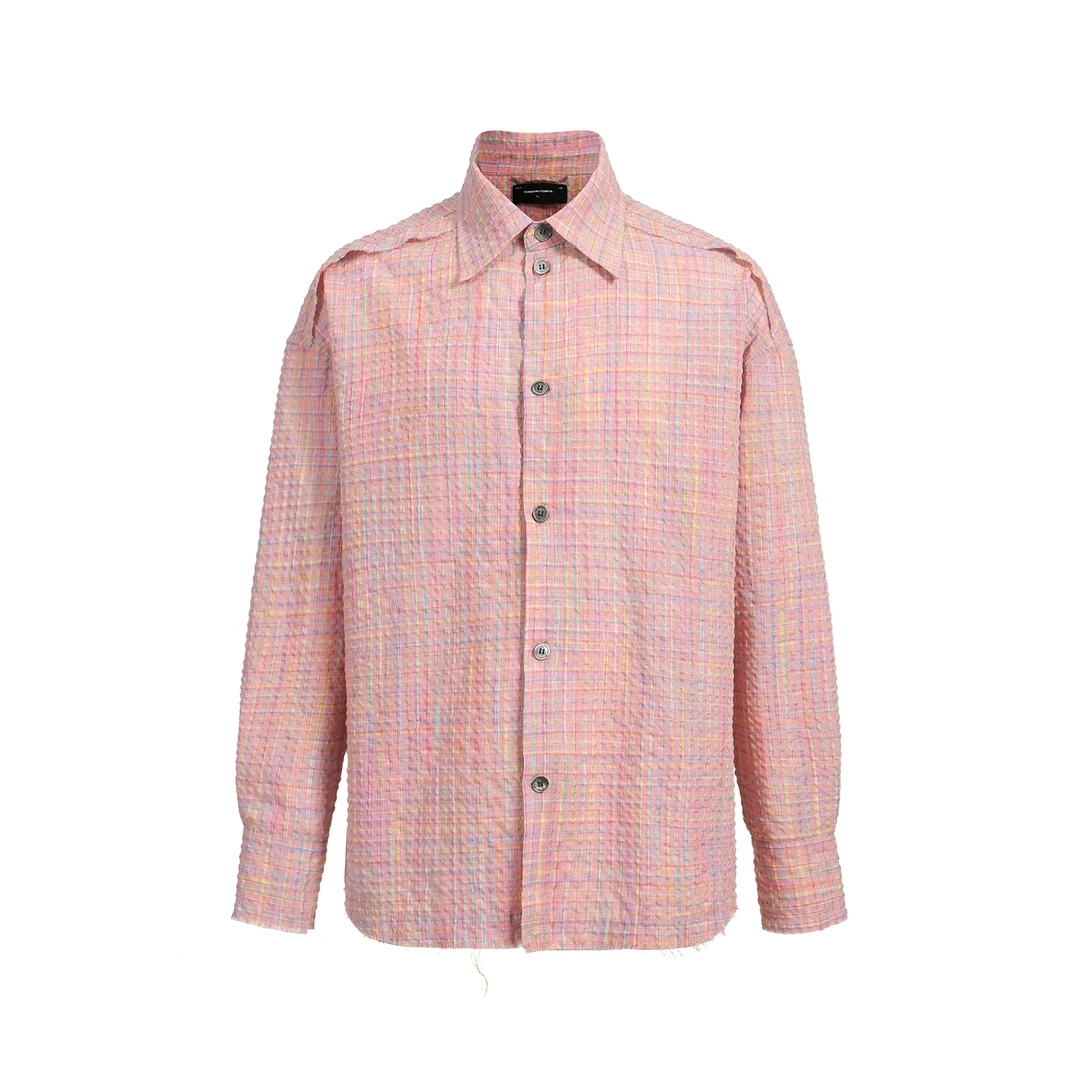 TERRAINCOGNITA25SS泡泡纱格子毛边衬衫