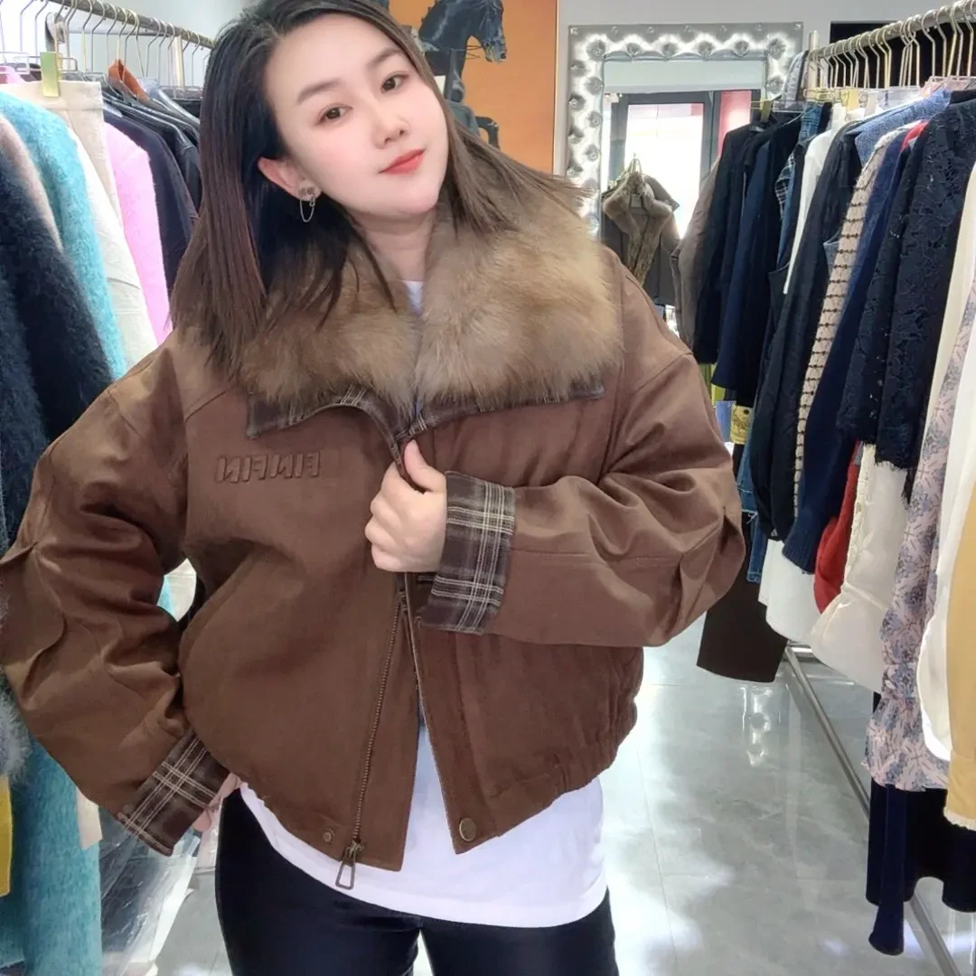 狐狸毛领冬季鹅绒短款翻领棕色