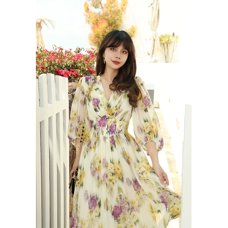 MR WATER水滴君 夏季新品复古花朵印花收腰V领大摆连衣裙