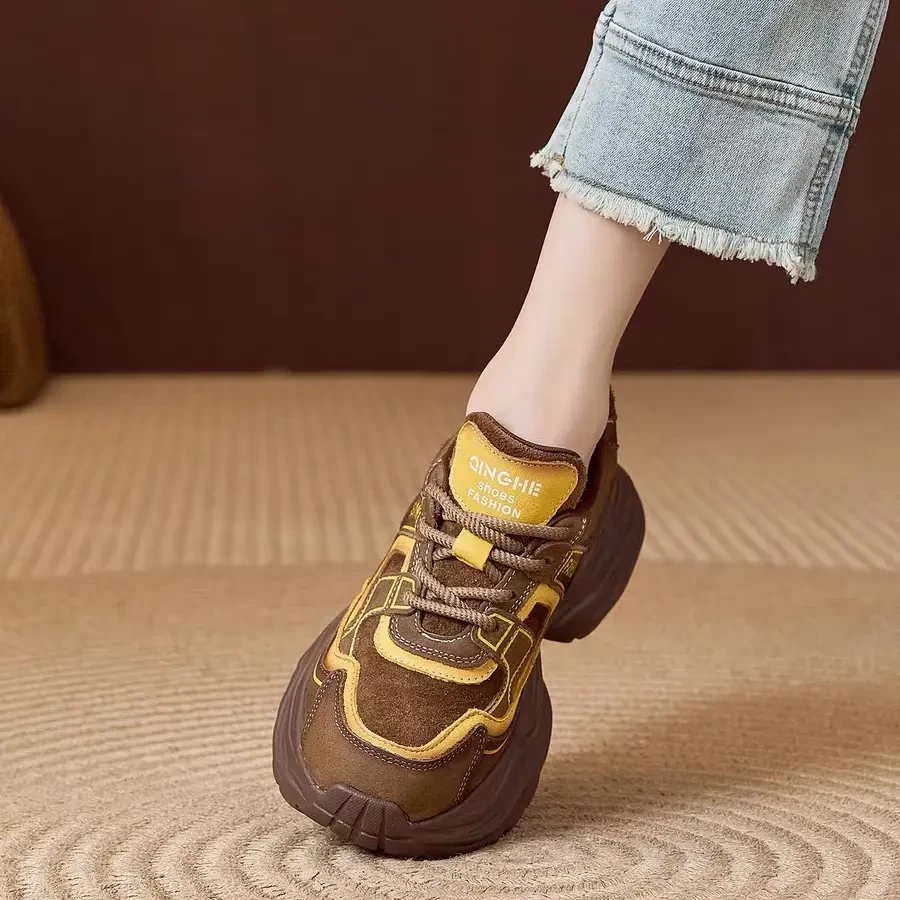 25058早春新款复古真皮增高百搭女款百搭厚底老爹鞋运动休闲