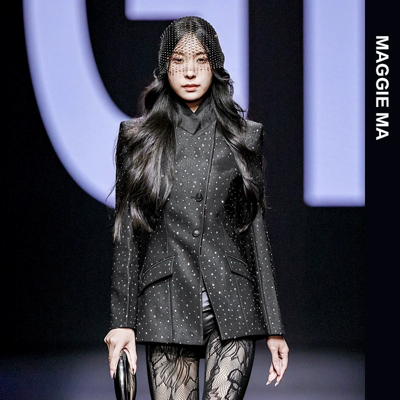 MAGGIE MA马婧设计师款经典百搭烫钻修身气质女神西装外套914C