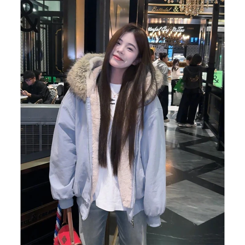 美式复古毛领座山雕外套男女款冬季加绒加厚棉衣皮毛一体保暖棉服