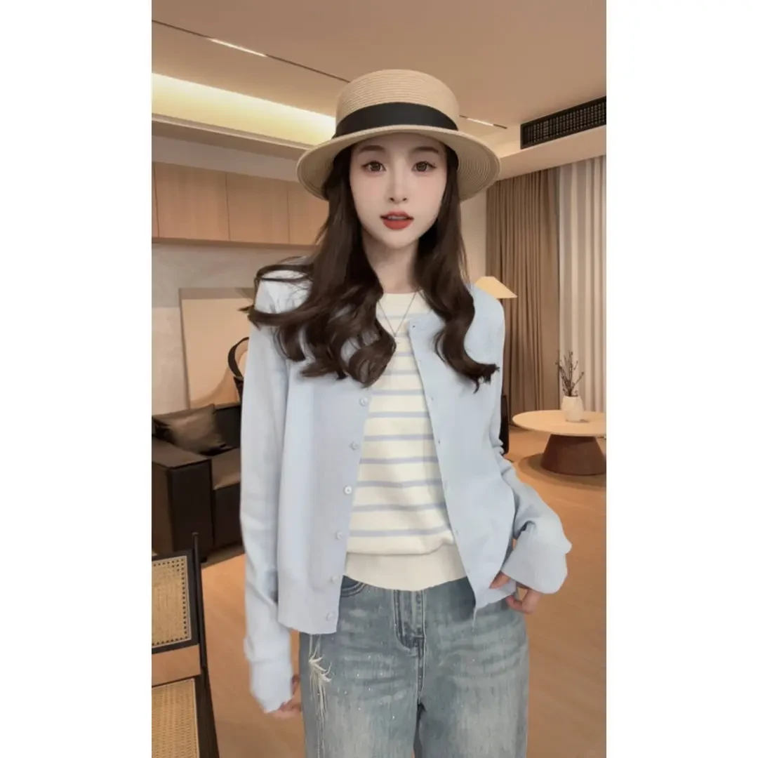 春秋气质时尚百搭休闲条纹撞色显瘦修身假两件针织开衫上衣-8859