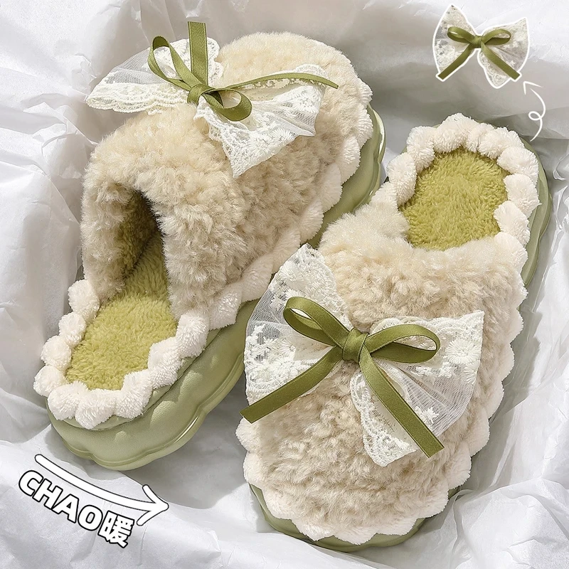 蕾丝蝴蝶结棉拖鞋冬季时尚外穿加绒加厚毛绒保暖防滑软底居家棉拖