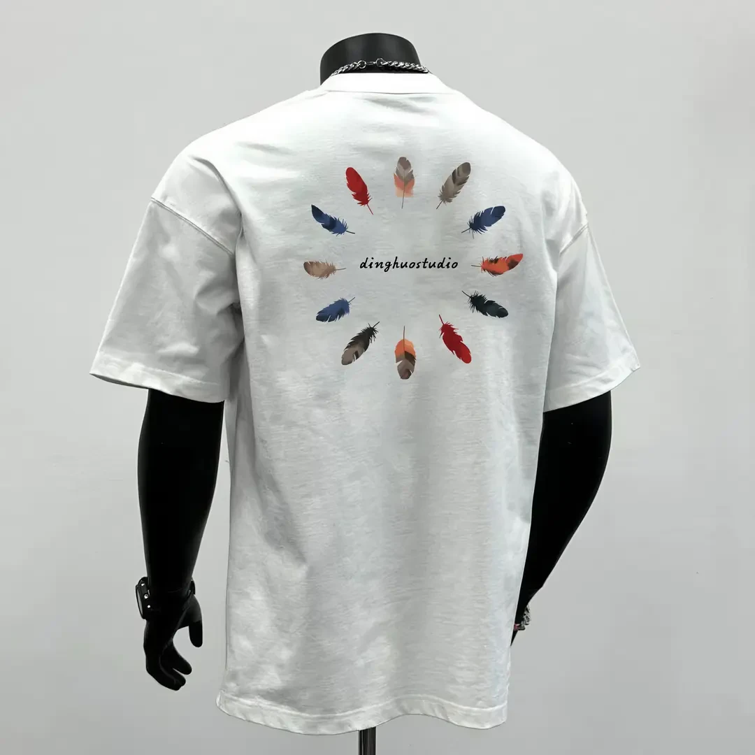 夏季新款环绕彩色羽毛潮流印花t恤重磅260G纯棉休闲时尚百搭T恤男