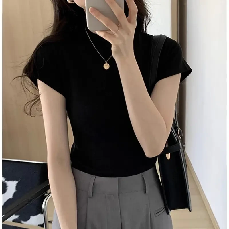 黑色复古正肩短袖t恤女圆领夏季高级感内搭打底修身显瘦棉质上衣