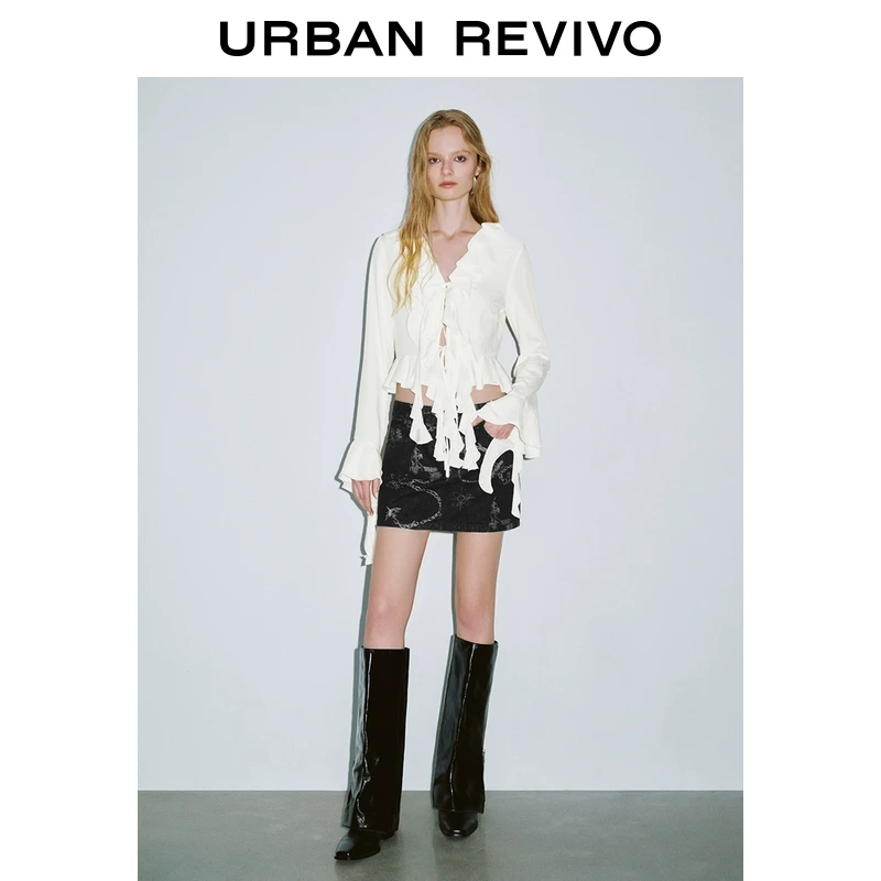 UR2025春季新品女欧若风优雅气质叠层荷叶边开襟衬衫UYV250008