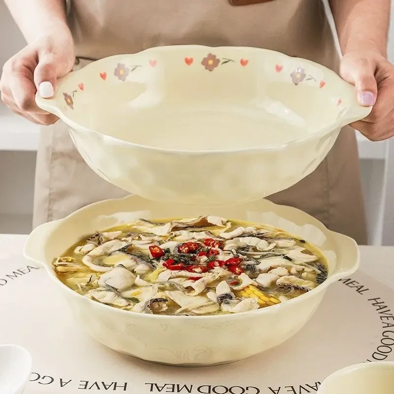 紫藤花酸菜鱼大盆碗家用新款大号汤碗双耳陶瓷汤盆毛血旺专用k