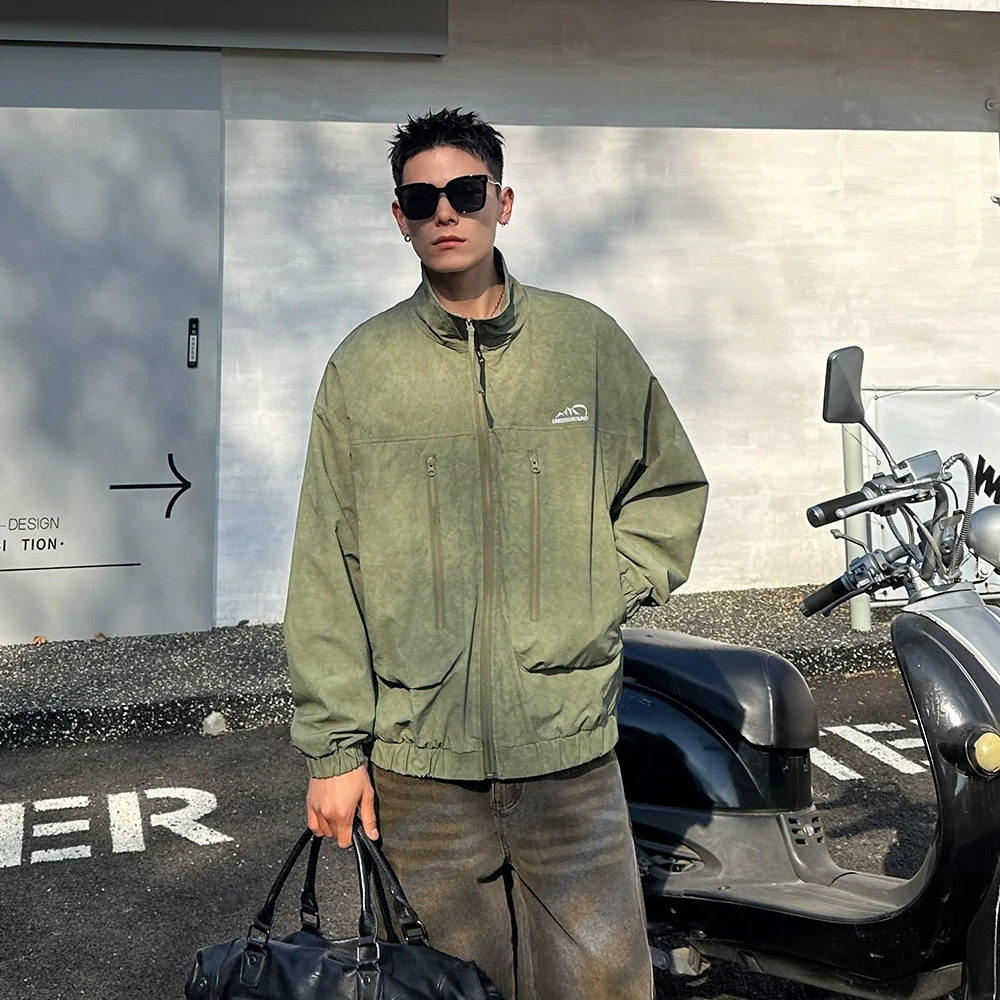 美式2025新款休闲简约宽松立领夹克男春秋潮流宽松大码冲锋衣外套
