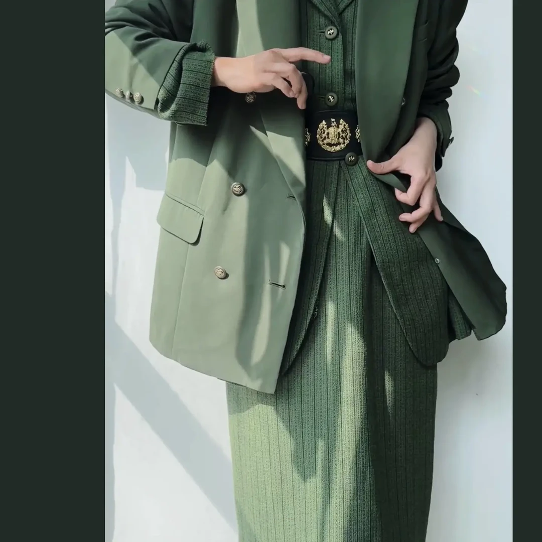 古着vintage|秋冬绿色时尚套装+双排扣绿色西装外套