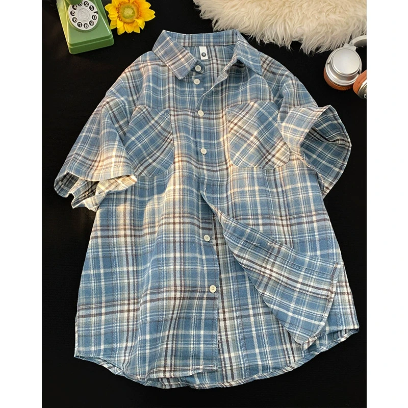 （幺鱼鱼专属）蓝色格子短袖衬衫女夏季设计感小众美式格纹衬衣外套