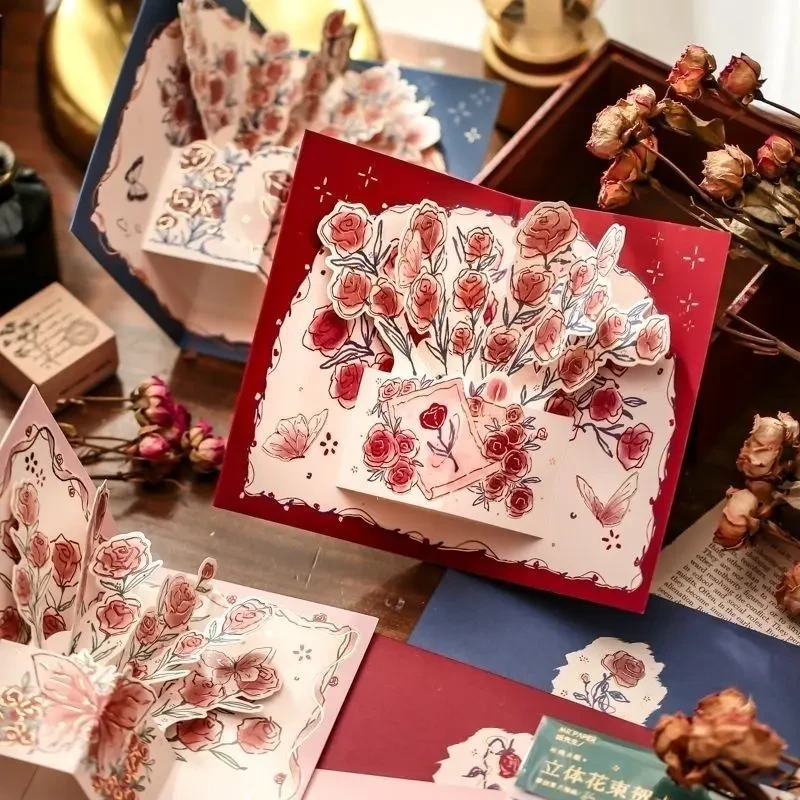 【果盟】ins高颜值节日惊喜3D立体花束贺卡复古花朵祝福手机饰品