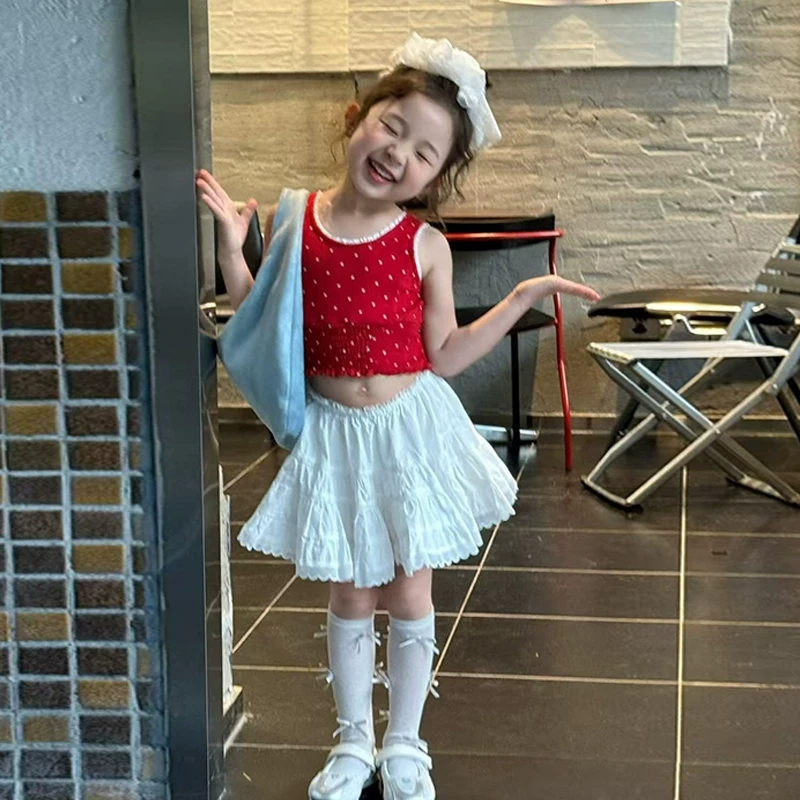 壹妈韩版童装女童套装夏季儿童多巴胺穿搭小女孩红色背心花边短裙