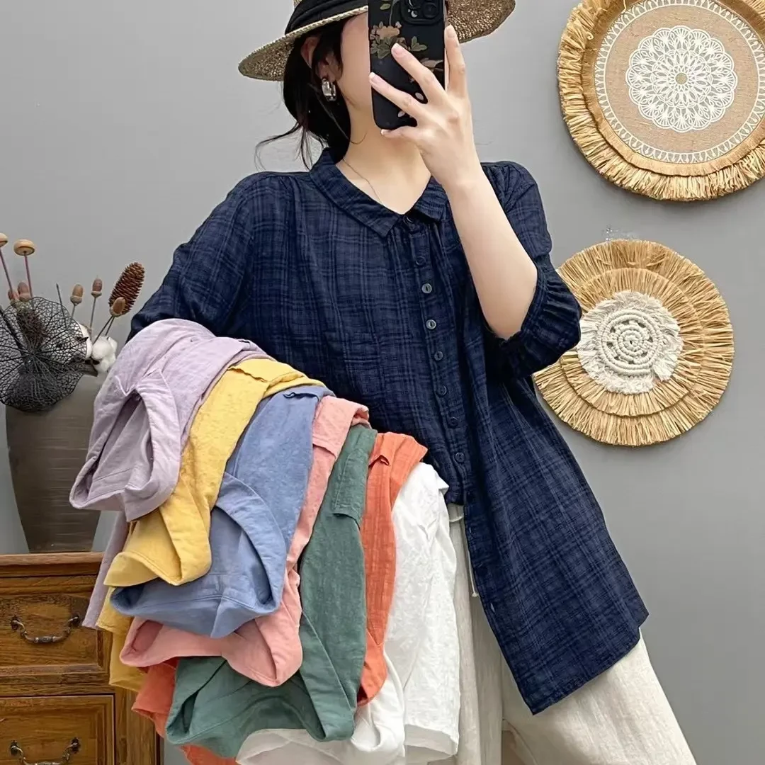 泡泡棉衬衣女夏季新款女士减龄百搭宽松棉麻五分袖复古翻领衬衫