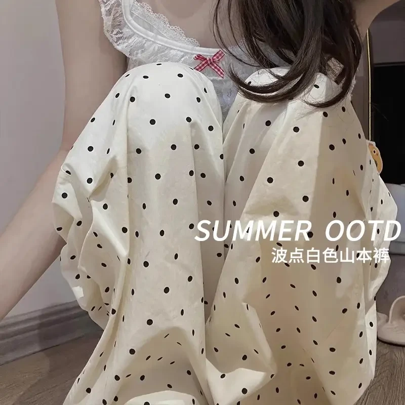 白色波点冰丝山本裤女夏季2025新款休闲慵懒小个子遛弯阔腿裤