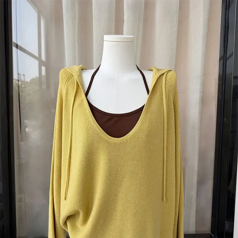 多巴胺宽松慵懒风穿搭上衣时尚休闲套黄色连帽针织罩衫女2025秋款