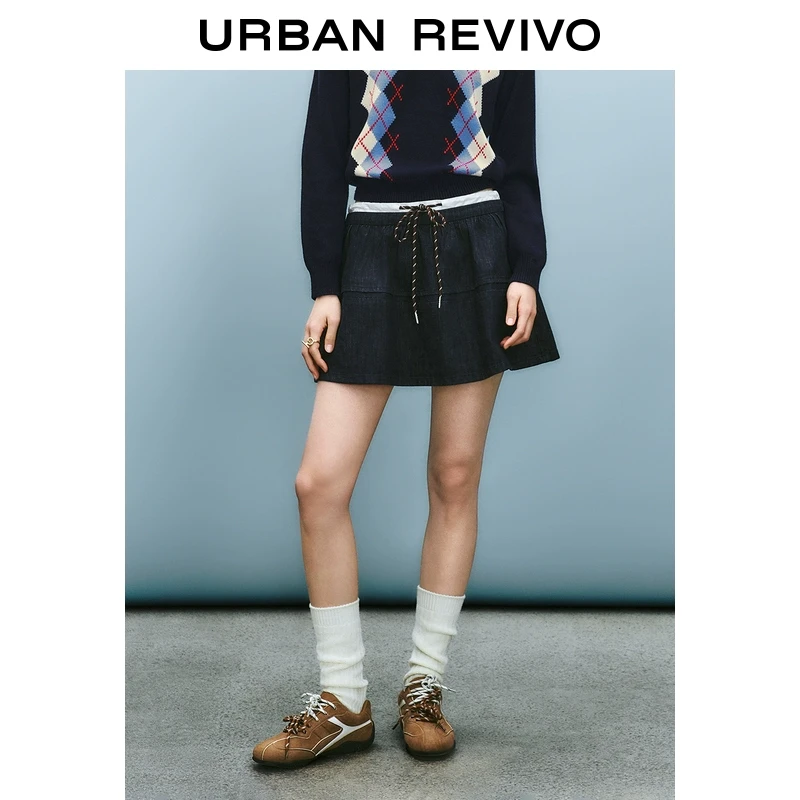 UR2025春季新款女装欧若风撞色拼接松紧腰抽绳牛仔半裙UYU850010