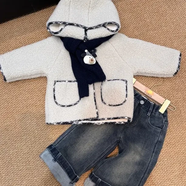 冬季男女童洋气百搭费尔岛风羊羔绒加绒加厚连帽外套