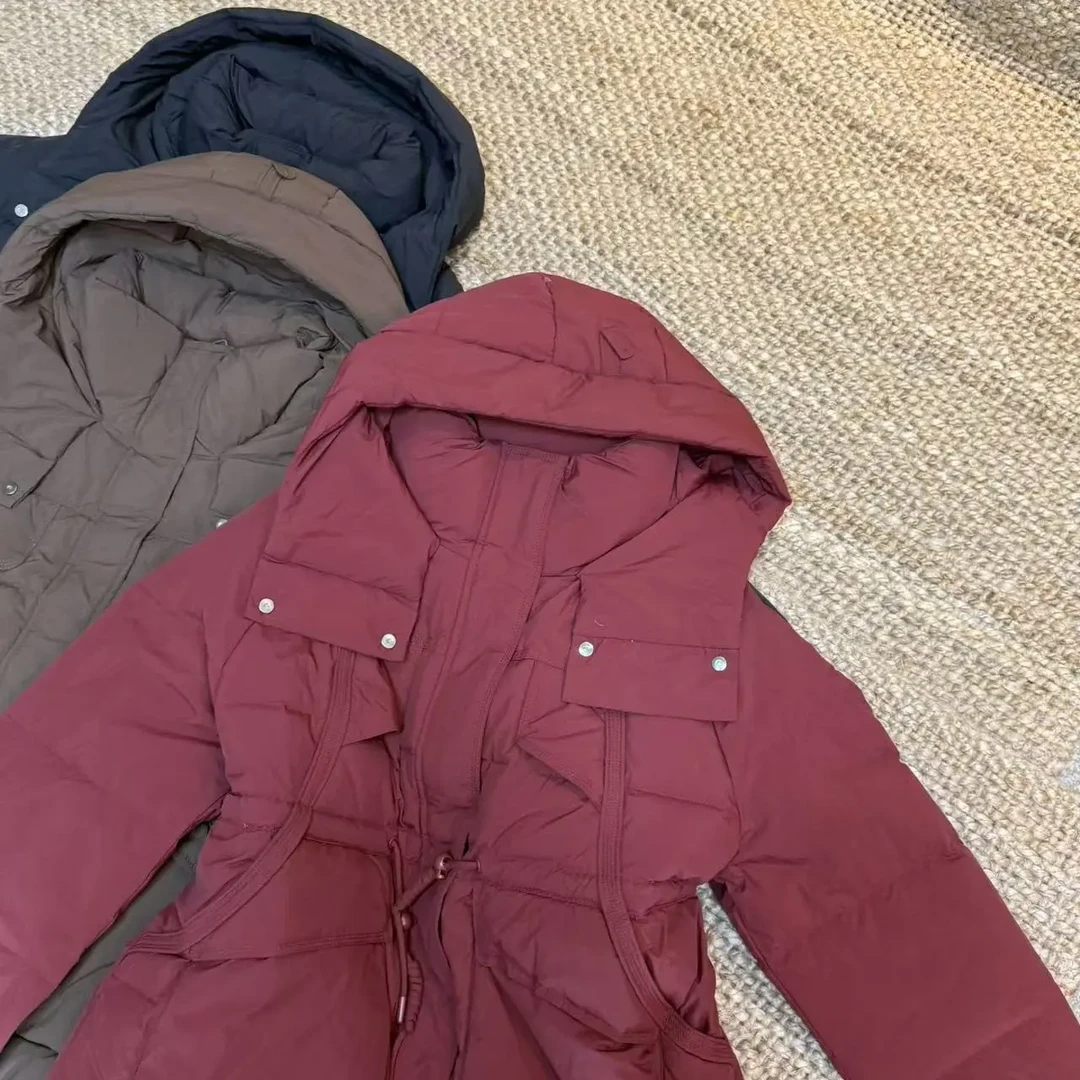 88M52-中长款90鸭绒连帽常规女纯色羽绒服收腰冬季厚款