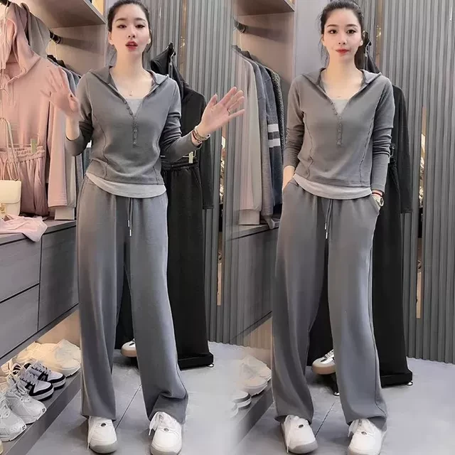 早秋新款女装套装时尚设计感假两件卫衣外套运动休闲裤减龄两件套