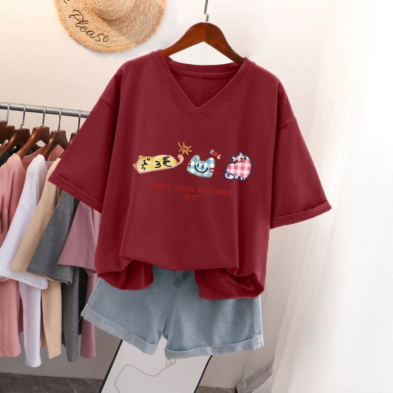 2025年新款大码夏季胖mm纯棉V领短袖t恤女oversize显瘦百搭上衣服