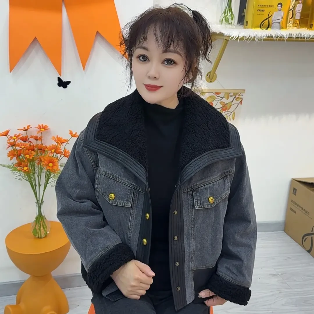 婆婆严选 冬季时尚拼接毛领短款白鸭绒外套女