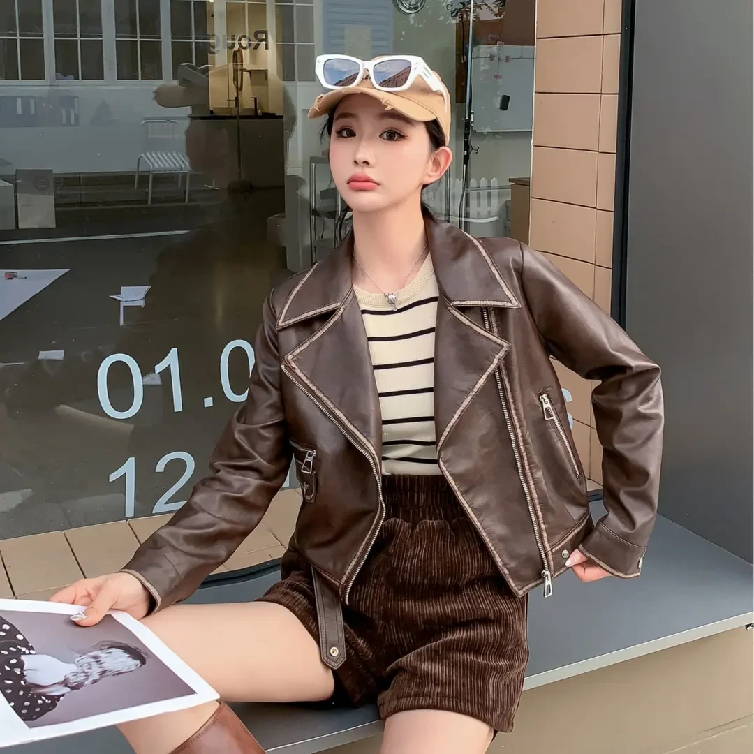 2025春秋小个子短款海宁皮衣外套女装机车皮显瘦百搭皮夹克外套