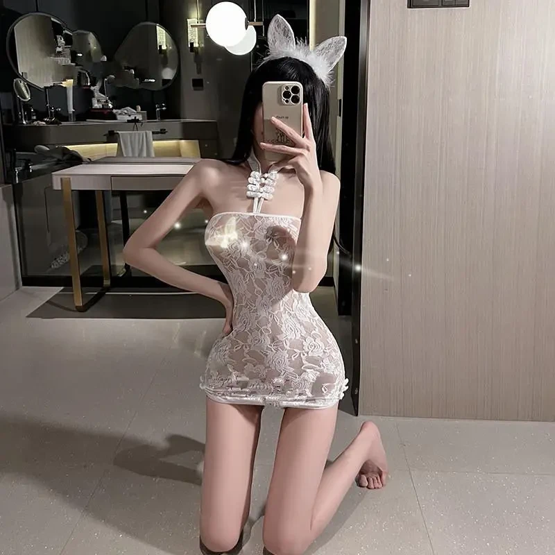 玫瑰纹内衣女性感挂脖包臀睡裙蕾丝情调诱惑睡衣女