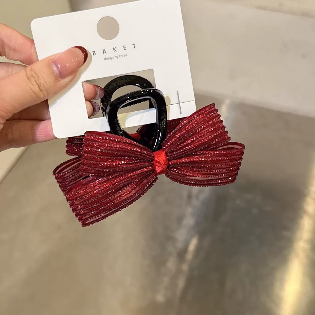 韩国baket发饰红色水钻蝴蝶结抓夹