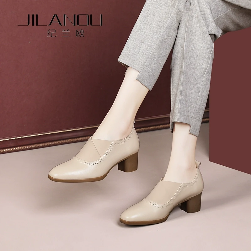 小皮鞋2025春季新款赫本风真皮女鞋一脚蹬方头鞋子深口粗跟单鞋女