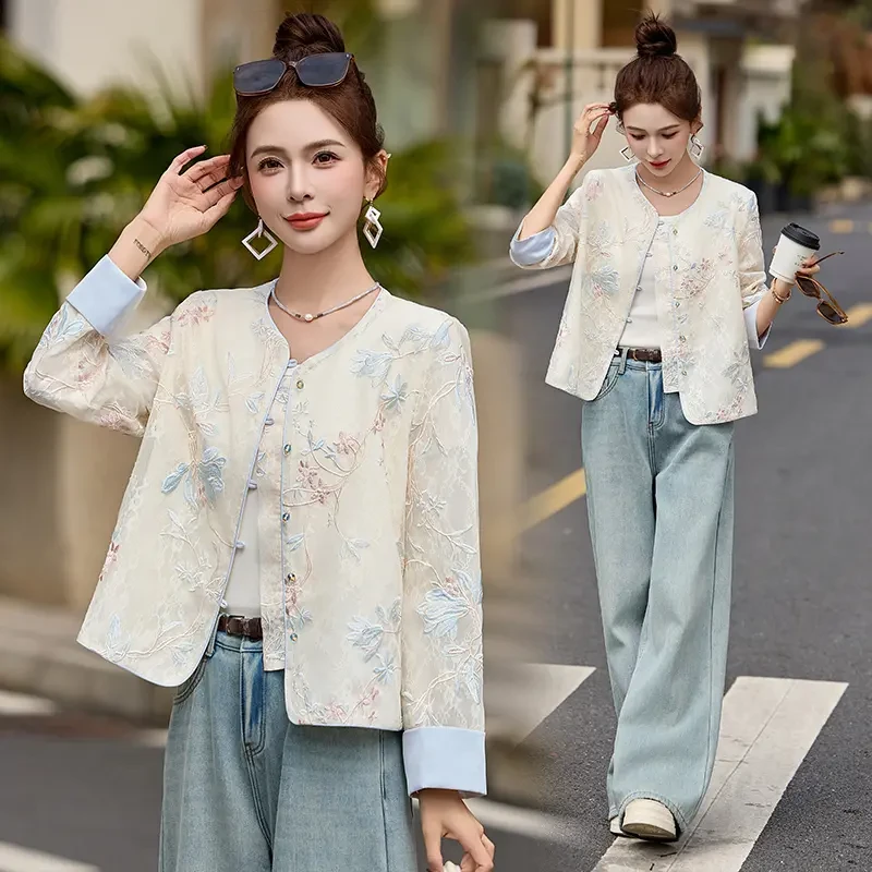 新中式国风刺绣蕾丝短外套女春秋季高级感洋气显瘦小个子气质上衣