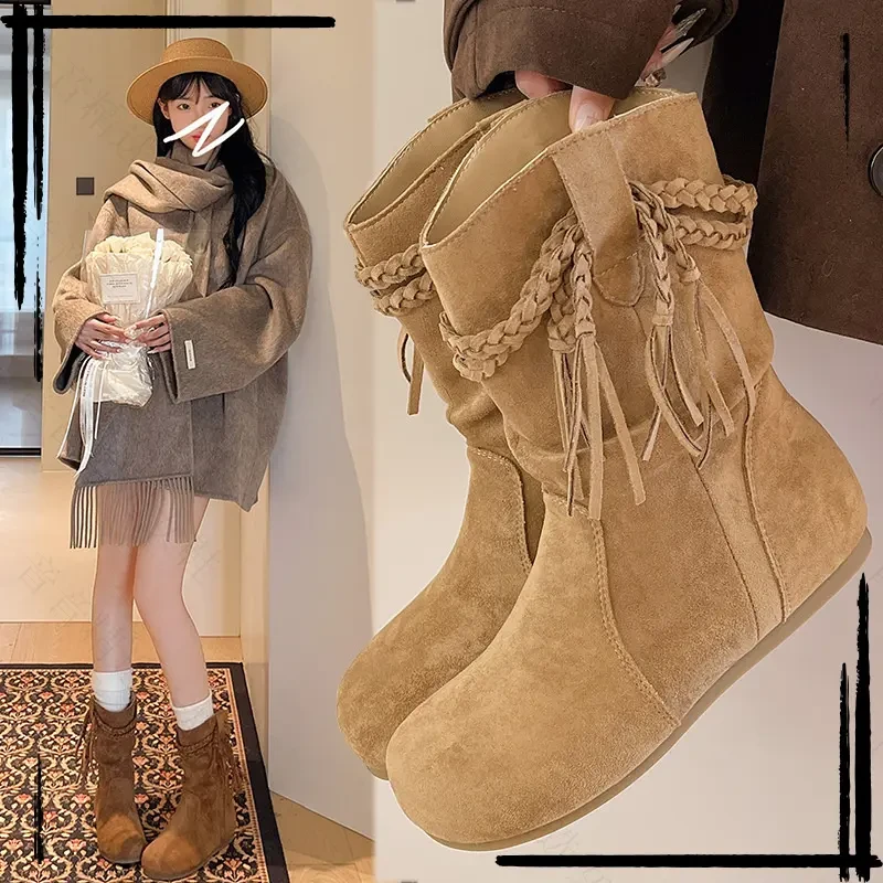 复古废土风编织流苏堆堆女2025新款时尚短靴女款2025新款爆款