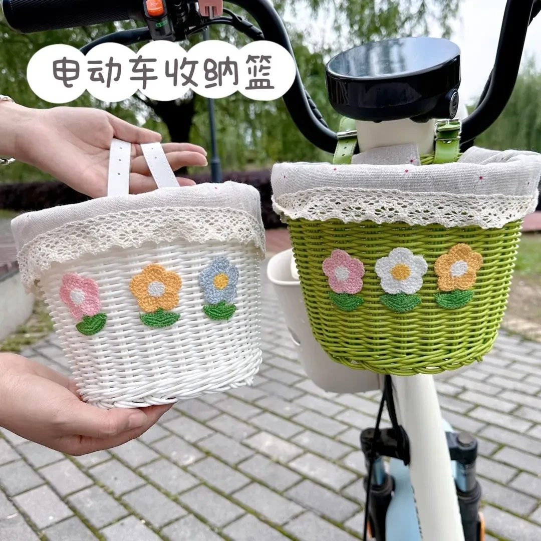 小清新花朵电动车收纳大容量编织车筐可爱自行车前后通用置物篮