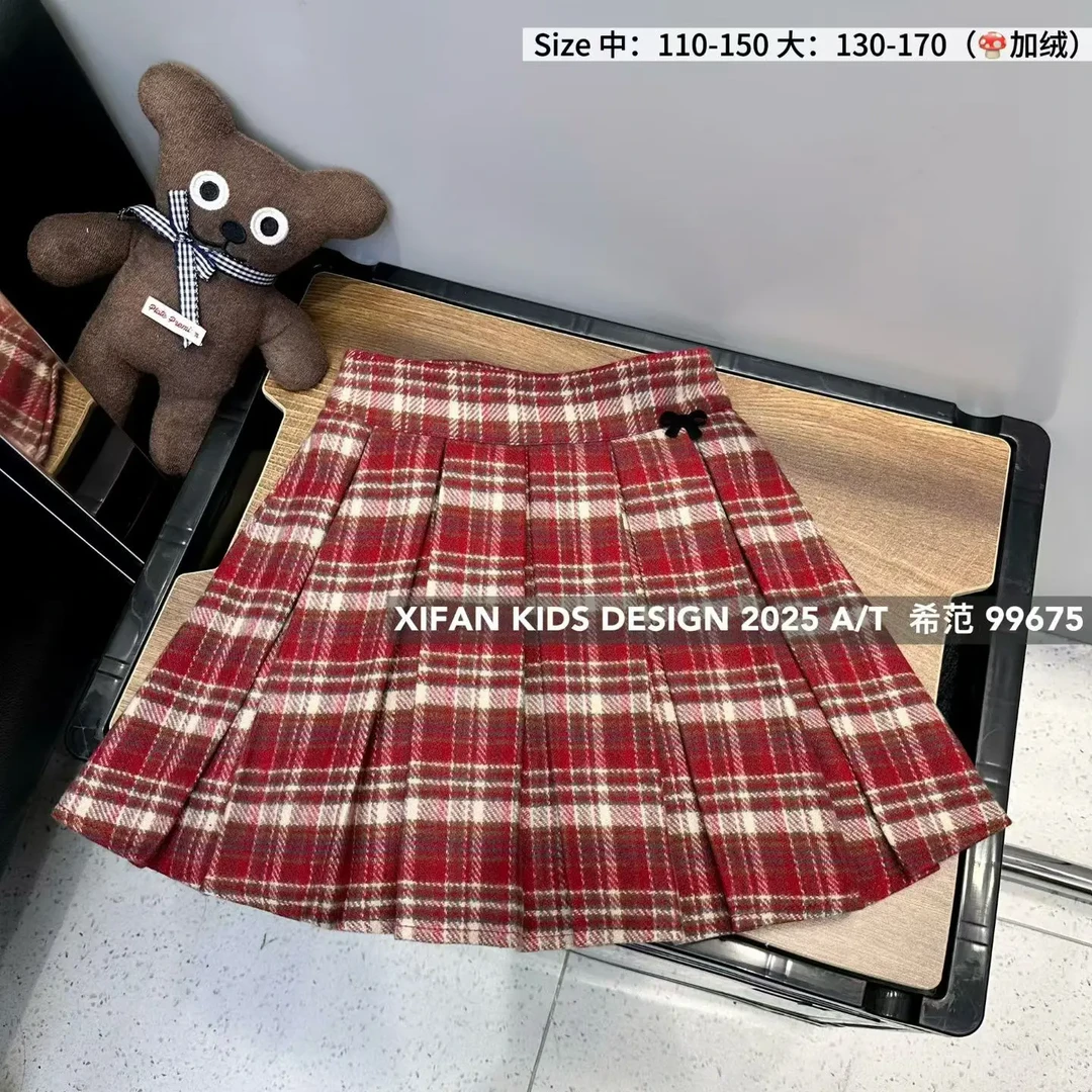 女童秋冬红色格子毛呢百褶裙学院风洋气百搭半身短裙