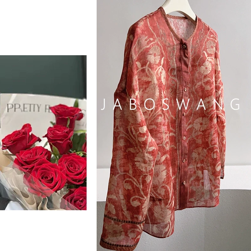 S818红色年代印花衬衫新款欧货复古圆领单排扣上衣女印花长袖衬衫