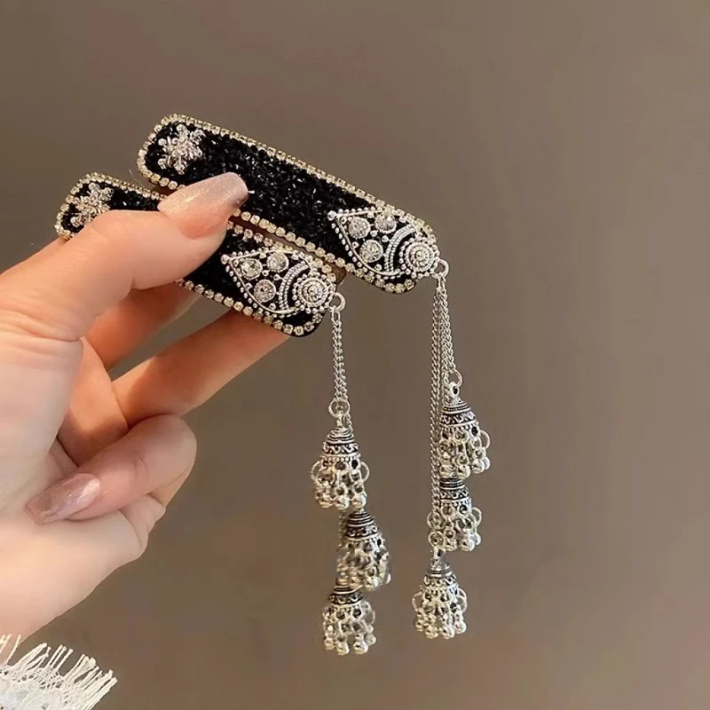 黑色时尚铃铛流苏发夹女复古刘海侧边夹民族风发卡气质BB夹头饰