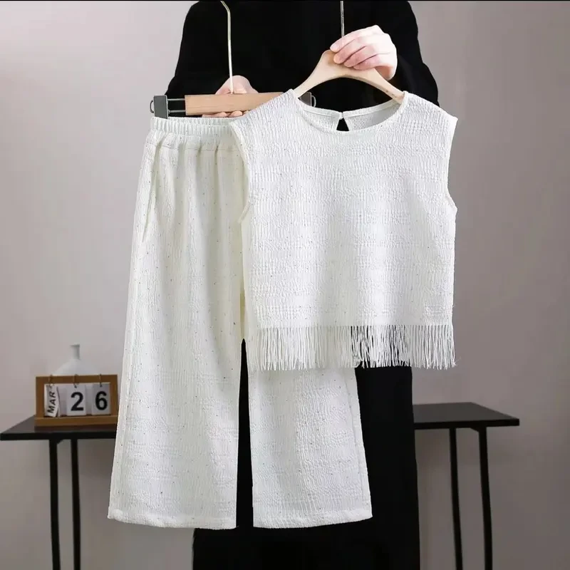 夏季新款女童中大童时尚烫钻重工白月光流苏白色儿童套装洋气