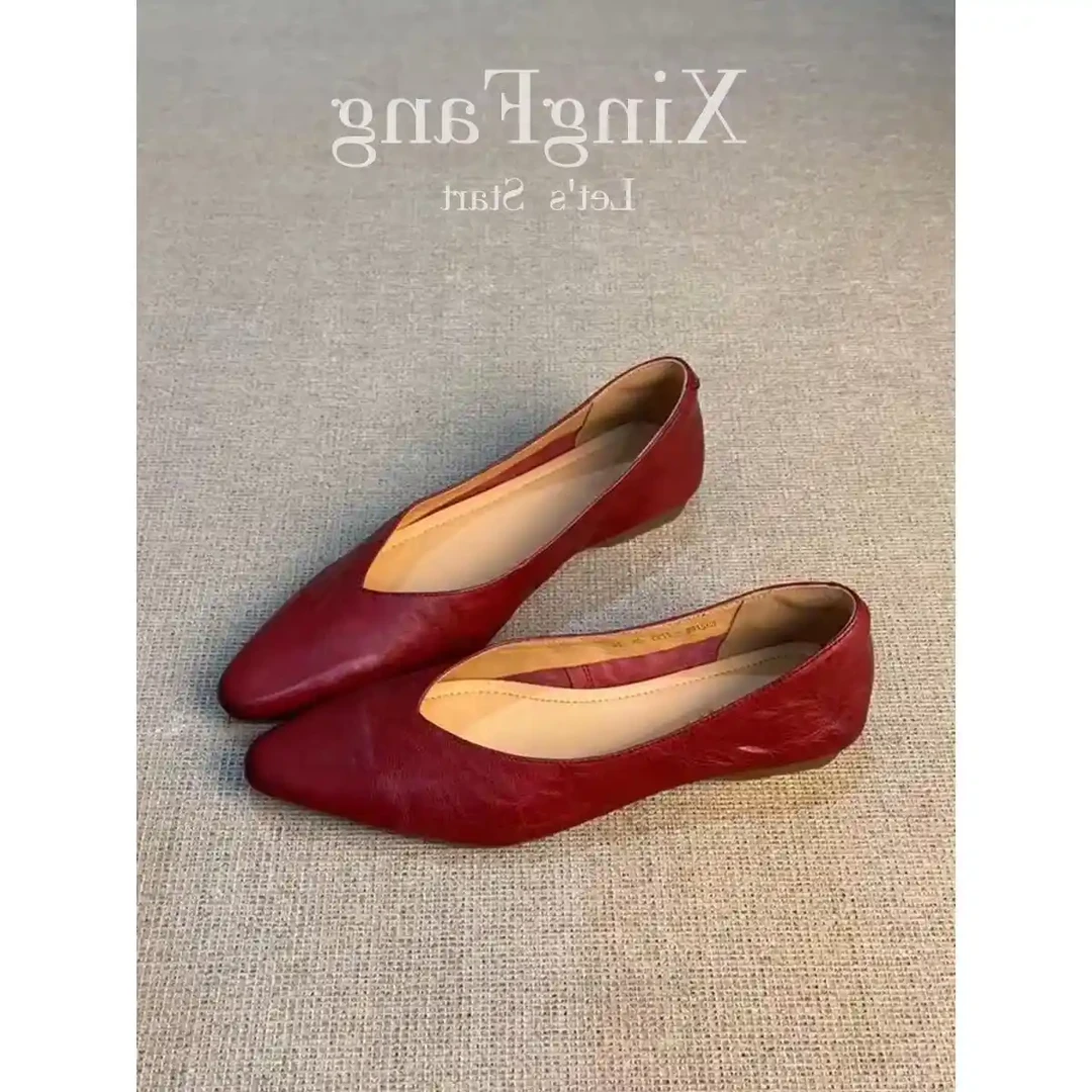 牛皮版~法式复古红色尖头一脚蹬浅口单鞋女2025新款气质平底鞋子