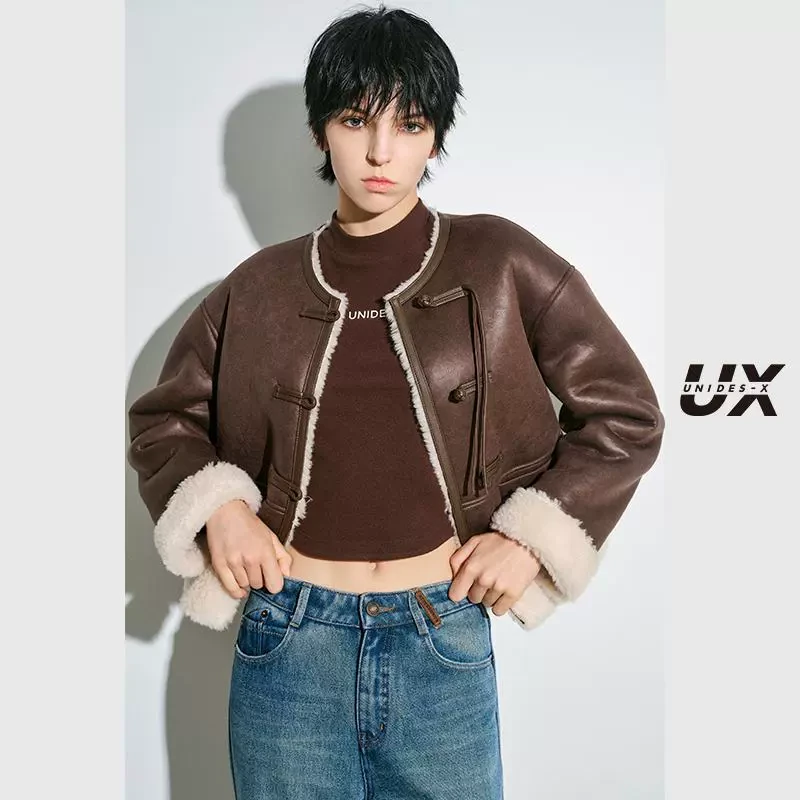 UX 2024冬季新款 咖色无领新中式外套女 时尚气质通勤百搭上衣